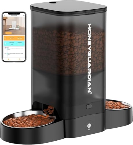 HoneyGuaridan Futterautomat Katze 2 Näpfe mit Bewegungssensor, 5G/2.4G WiFi Intelligenter Katzen Futterautomaten für Fernfütterung, 5L von honeyguaridan