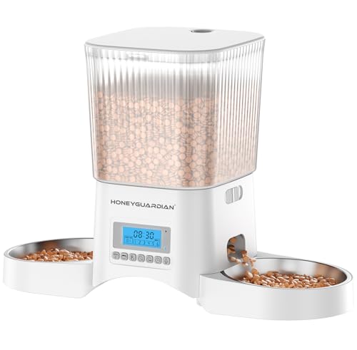 HoneyGuaridan Futterautomat Katze 2 näpfe, Fütterung von 2 Haustieren, 4 Anti-Rutsch-Füße, Stabilität, Automatischer Futterspender für Katzen & Hunde, 1-6 Mahlzeiten/Tag (3.5L Weiß) von honeyguaridan