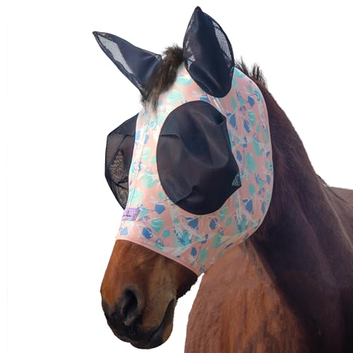 Horzmetnex Dehnbare Pferdefliegenmaske mit extra großer Augen- und Mähnenöffnung - weiche, atmungsaktive Fliegenmaske für Pferde, verwicklungsfreies Design, verbesserte Sichtbarkeit (Pink Dream, Full von horzmetnex
