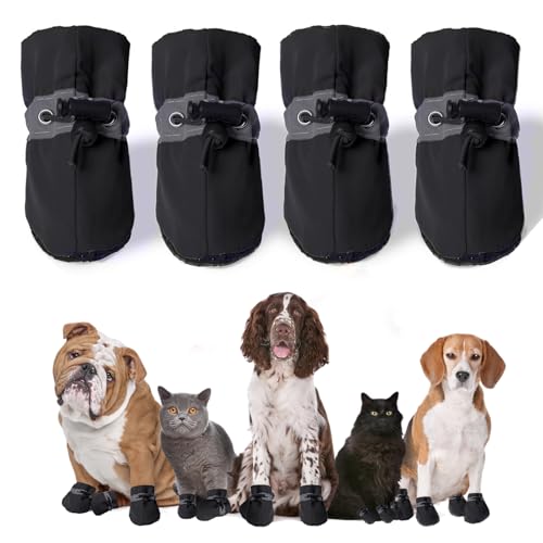4 Stück rutschfeste wasserdichte Hundestiefel, weicher Pfotenschutz für drinnen und draußen, kleine/mittel/große Größen (Schwarz, 1) von huipinghu