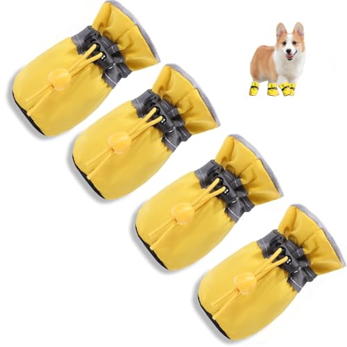 4 Stück rutschfeste wasserdichte Hundestiefel | weiche Pfotenschutz für drinnen und draußen | kleine/mittel/große Größen (Gelb, 7) von huipinghu