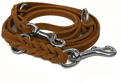 Fettleder Führleine 3-Fach verstellbare Lederleine geflochten für Hunde 96 Modelle zur Auswahl (2,40m x 10mm, Cognac, Chrom Haken) von hund-natuerlich