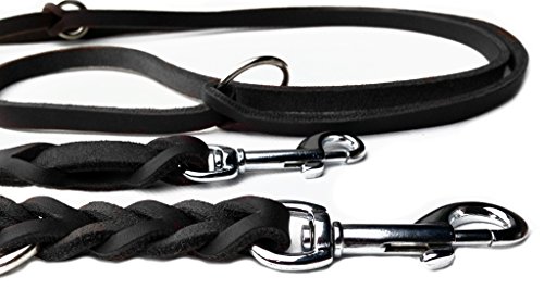 Fettleder Führleine schwarz geflochten, Chrom 2,40m, Hundeleine aus Leder (240cm x 12mm) von hund-natuerlich