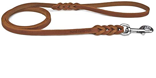 Fettlederleine geflochten 1m, 1,35m, 2,20m mit Handschlaufe (220cm x 10mm Cognac Chrom) von Hund natürlich