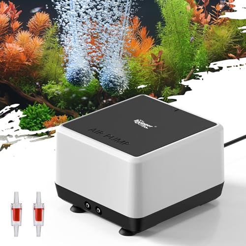 hygger Aquarium Sauerstoffpumpe Set Leise Aquarium Luftpumpe 10W, Regelbare Sauerstoffpumpe Sehr Leise ≤35dB, 2 Luftauslässen 840L/H, Sauerstoff Luftpumpe für Aquarien bis zu 2271L mit Allem Zubehör von hygger