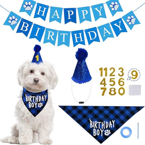 Hundegeburtstagsparty-Dekorationsset, blaues Pfotenabdruck-Banner, Geburtstags-Jungen-Bandana, Partyhut mit Zahlen (blau) von hzbaiyi