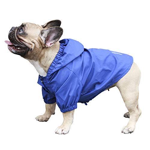 iChoue Hunde-Regenmantel, leicht, Windbreaker mit Kapuze für französischen Bullodg Mops, Boston Terrier, wasserabweisend, Größe L, Blau von ICHOUE