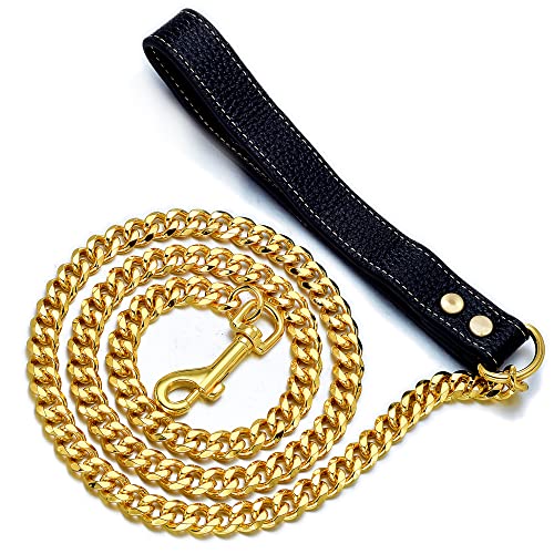 iDofas Goldfarbene Hundeleine, Breite 12 mm, goldfarben, Edelstahl, kubanische Glieder-Hundeleine mit Ledergriff, für Hundehalsband, Ketten (91 cm) von iDofas