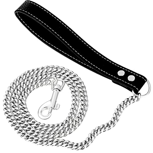iDofas Silberne Hundeleine, 18 Karat Gold, Edelstahl, kubanische Glieder-Hundeleine mit Ledergriff, für Hundehalsband, Ketten (1,2 m, Silber) von iDofas