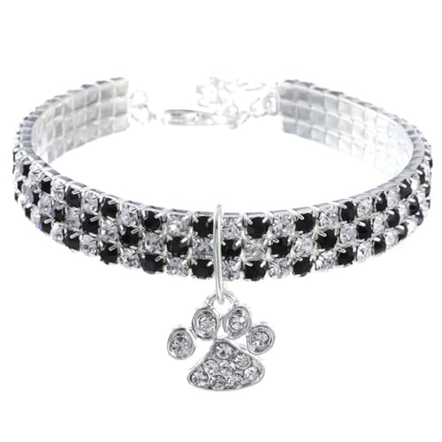 IEFIEL Glänzende Hochzeits Hundehalskette Funkelndes Strass Katzenhalsband mit Pfoten Anhänger Glitzer-Pet-Halskette Black&White M von iEFiEL