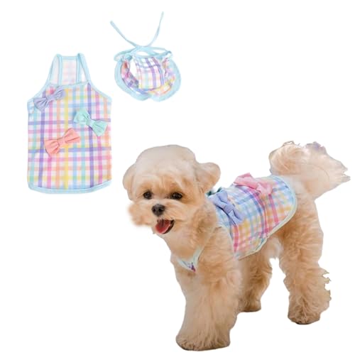IEFIEL Süßer gestreifter Einteiler-Hundebadeanzug mit Sonnenhut Atmungsaktives Badeoutfit für Welpen Strand Pool Sommer Himmelblau M von iEFiEL