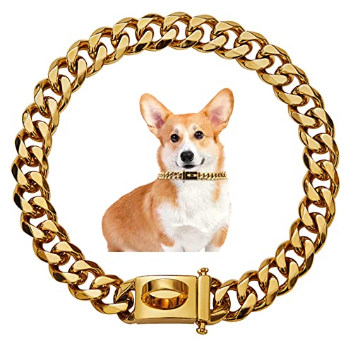 iFCOW Goldkette Hund Halskette, 15 mm breit, kubanische Glieder, Halskette, Kettenhalsband mit Metallschnalle, D-Ring, starke Metallglieder, Schlupfkette, Halsband für mittelgroße und große Hunde von iFCOW
