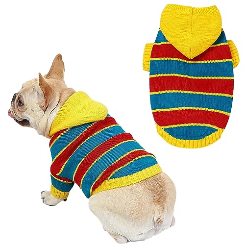 iFCOW Hunde-Kapuzenpullover mit Streifen, weiche Weste, Kleidung mit Hut, warm, für drinnen und draußen, kaltes Wetter von iFCOW