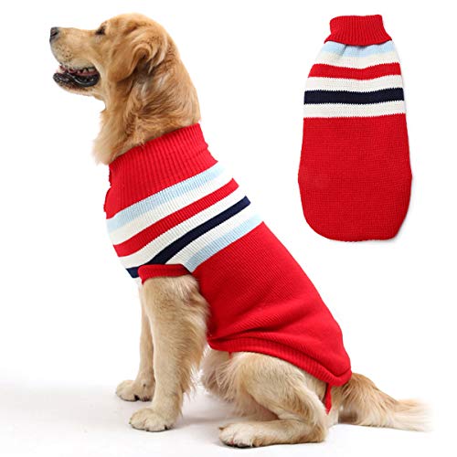 Hundepullover Mantel, Klassischer Streifen Haustier Katze Welpe Weiche Strickjacke Warmer Pullover Winterkleidung Bekleidung (28 Zoll, Roter Streifen) von iFCOW