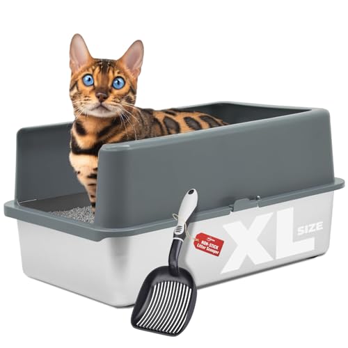 iPrimio Geschlossene Seiten Edelstahl Katzentoilette mit Schaufel - XL für Großkatzen - Edelstahl Einfache Reinigung Hochseitige Katzentoilette 1 Pfanne mit Gehege + Schaufel von iPrimio