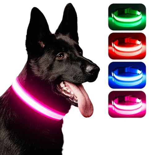 Leuchthalsband Hund, iTayga USB Aufladbar Led Hundehalsband Einstellbar Hundehalsband Leuchtend, Nacht-Sicherheitslicht Hundehalsband,TPU Wasserdicht, 3 Beleuchtungsmodi(Rosa, L) von iTayga