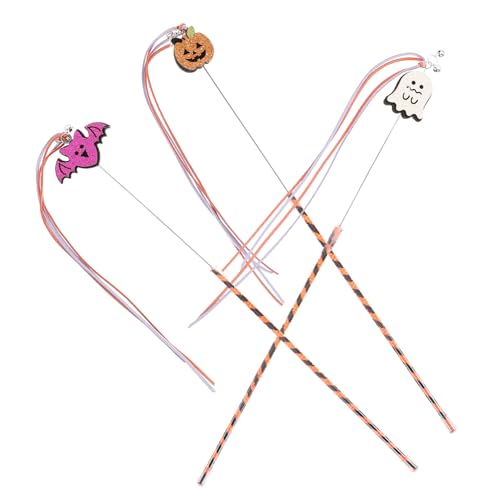 ibasenice 3 Stück Halloween Katzenspielzeug Teiliges mit Interaktivem Katzenteaserstab Lustige Spielangel mit Kürbis Geist und Fledermaus für Kätzchen Sicher und Langlebig Fördert Neugier von ibasenice