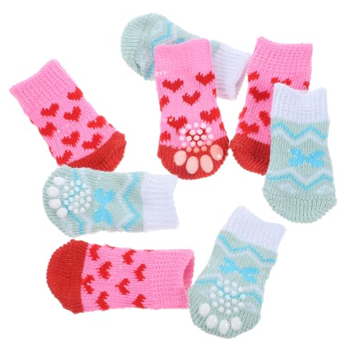 ibasenice 4 Paare Atmungsaktive Hundesocken aus Baumwolle rutschfeste Pfotenschutzsocken für Kleine Hunde für Drinnen und Draußen im Rot mit Herzen Wassergrün Gestreift von ibasenice