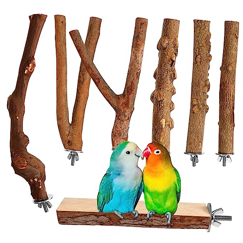 ibasenice 7Stücke Vogelstangen aus Natürlichem Holz für Papageien Teiliges Vogelkäfigzubehör mit Rutsch Oberfläche für Nymphensittiche Wellensittiche und Conures von ibasenice