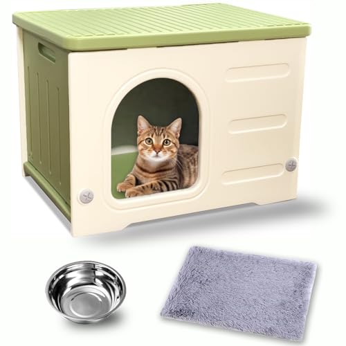 Kunststoff-Katzenhaus für den Innen- und Außenbereich, stapelbar, Wildkatzenhaus, isoliert, wetterfest, wasserdicht, erhöht, mit Futternapf und Kissen, Grün Kunststoff-Katzenhaus für den Innen- und Außenbereich, stapelbar, Wildkatzenhaus, isoliert, wetterfest, wasserdicht, erhöht, mit Futternapf und Kissen, Grün von ichofun