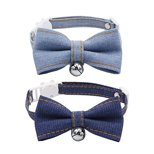 ICICECREAM Katzenhalsband mit Glöckchen, niedliches Katzenhalsband, weich, verstellbar, Baumwolle und Leder, für Mädchen, Jungen, männlich, weiblich, Katzen, Kätzchen, 2 Stück (Denim) von icicecream