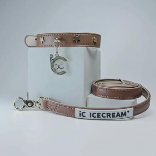 ICICECREAM Verstellbares, niedliches Hundehalsband und Leine, Braun, Größe M (29 - 35,8 cm) von icicecream