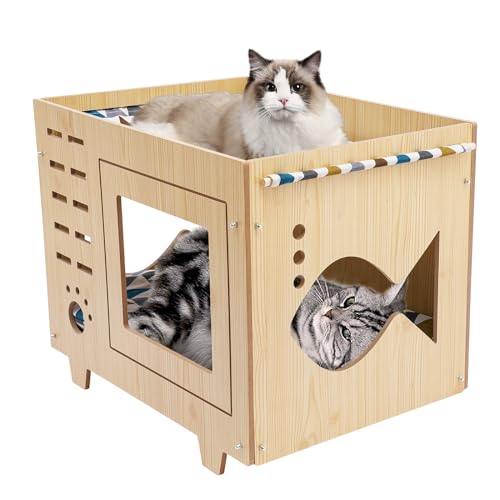 Hundehütte Indoor aus Holz, Haustierhaus für Katzen, Haustiernest für Vier Jahreszeiten, Innenraum Hundehütte Haustierhaus mit Matratze 55 * 40 * 44cm von ieLsngai