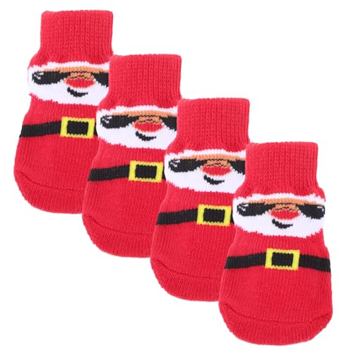 ifundom 4 Stück Weihnachtliche Hundesocken Rot mit Rutschfester Baumwolle Elastische Warme Pfotenschutzsocken für Kleine Hunde und Katzen Antirutschfest und Bequem für Herbst und Winter von ifundom