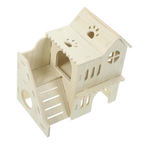 ifundom Hamster Holzhaus mit Rampe Mehrkammeriges Kleintier Versteck aus Natürlichem Holz Geräumiges Nagerhaus für Zwerghamster Mäuse Meerschweinchen Bietet Rückzug und Spielmöglichkeiten von ifundom