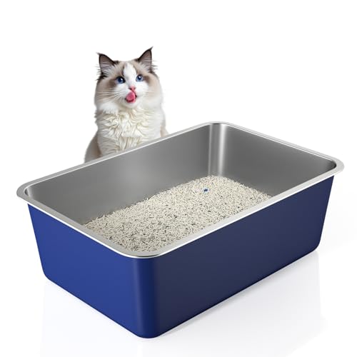 IKITCHEN Blau Große Katzentoilette Edelstahl(60×40×20cm), Litter Box Katzenklo, Katzen und Kaninchen Metall klo, Niemals Gerüche,Fleckfrei,Rostfrei,Antihaft Glatte Oberfläche,Anti-Rutsch Gummiboden von ikitchen