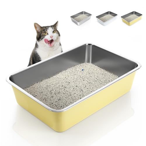 IKITCHEN Gelb Große Katzentoilette Edelstahl(60×40×15cm), Litter Box Katzenklo, Katzen und Kaninchen Metall klo, Niemals Gerüche, Fleckfrei, Rostfrei, Antihaft Glatte Oberfläche,Anti-Rutsch Gummiboden von ikitchen