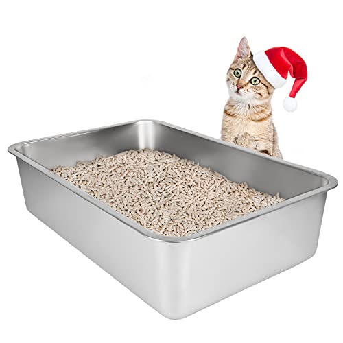 IKITCHEN Große Katzentoilette Edelstahl(50×35×15cm), Litter Box Katzenklo, Katzen und Kaninchen Metall klo, Niemals Gerüche, Fleckfrei, Rostfrei, Antihaft Glatte Oberfläche, Anti-Rutsch Gummiboden von ikitchen