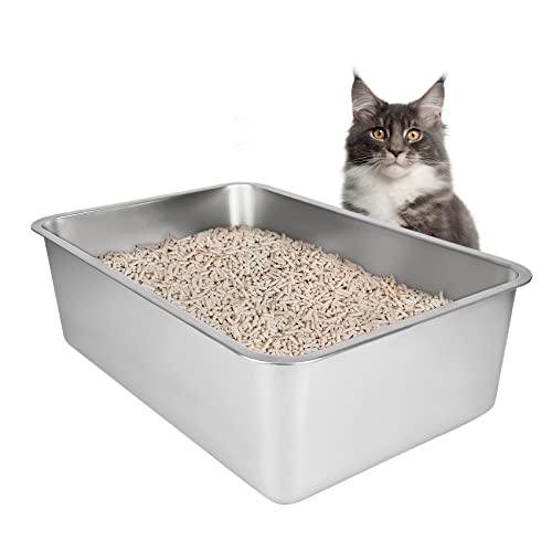 IKITCHEN Große Katzentoilette Edelstahl(50×35×20cm), Litter Box Katzenklo, Katzen und Kaninchen Metall klo, Niemals Gerüche, Fleckfrei, Rostfrei, Antihaft Glatte Oberfläche, Anti-Rutsch Gummiboden von ikitchen