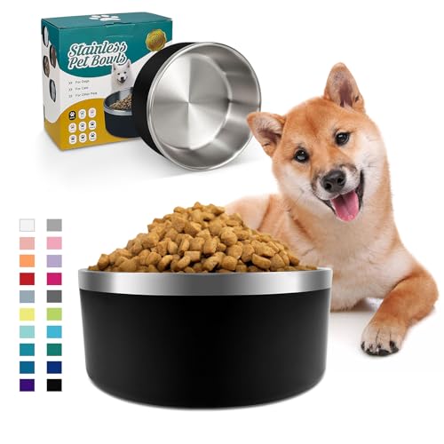 IKITCHEN Hundenäpfe doppelwandig für Futter und Wasser, 1,8 l Edelstahl, langlebig, rutschfest, isoliert, strapazierfähig, stabil mit Gummiboden für mittlere und große Hunde (1,8 l, Schwarz) von ikitchen