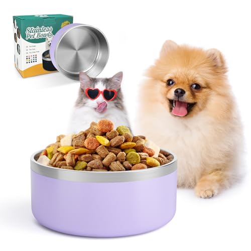 IKITCHEN Hundenapf für Futter und Wasser, 1,2 l Edelstahl, rutschfest, doppelwandig, isoliert, strapazierfähig, langlebig, mit Gummiunterseite für mittelgroße und große Hunde (1,2 l, Hellviolett) von ikitchen