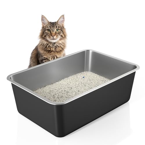 IKITCHEN Schwarz Große Katzentoilette Edelstahl(60×40×20cm), Litter Box Katzenklo, Katzen und Kaninchen Metall klo, Niemals Gerüche,Fleckfrei,Rostfrei,Antihaft Glatte Oberfläche,Anti-Rutsch Gummiboden von ikitchen
