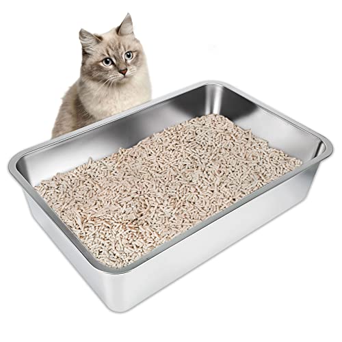 IKITCHEN Große Katzentoilette Edelstahl(60×40×15cm), Litter Box Katzenklo, Katzen und Kaninchen Metall klo, Niemals Gerüche, Fleckfrei, Rostfrei, Antihaft Glatte Oberfläche, Anti-Rutsch Gummiboden von ikitchen