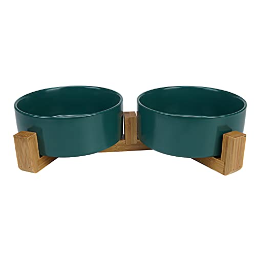 Doppel 400ml Hundenapf Keramik Futternapf Wassernapf Napf mit Bambus Ständer für mittlere und kleine Hund (400ml, 2-Grün) von inntt