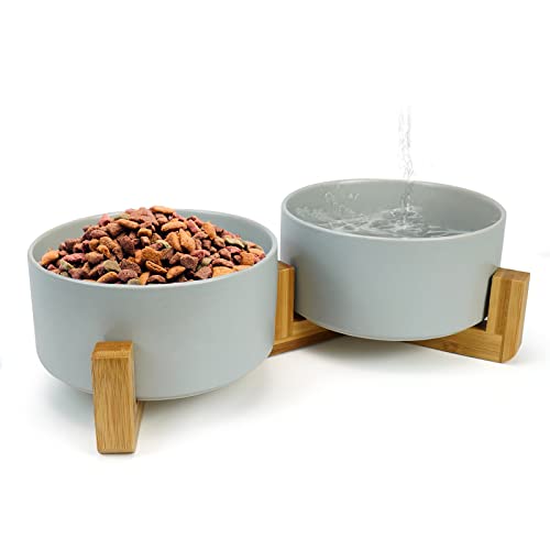 Doppel 400ml Grau Hundenapf Keramik Futternapf mit Bambusboden und Rutschfester Matte für mittlere und kleine Hunde (400ml, 2-Grau) von inntt