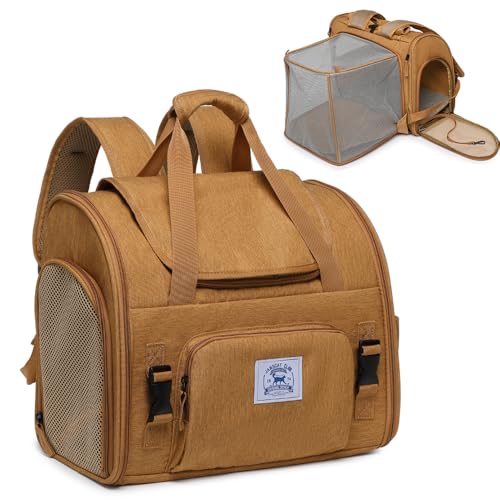 Haustier-Rucksack für kleine Hunde, mittelgroße Katzen, Welpen, atmungsaktives und faltbares Design, tragbare Reisetasche für Bartagamen, Kaninchenkäfig (Braun + zwei Schultern, klein) von ioview