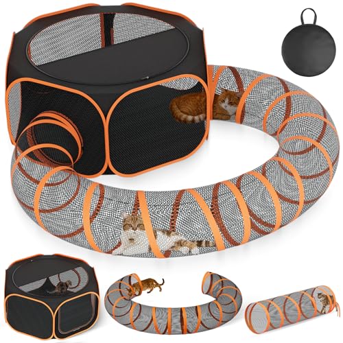Outdoor Katzengehege Tunnel Laufstall - Großes tragbares Laufstall Indoor Faltbares Katzengehege mit Schattenabdeckung 2 Tunnel für kleine Haustiere Tiere draußen Catio Happy Travel Camping Hinterhof von ipetstation