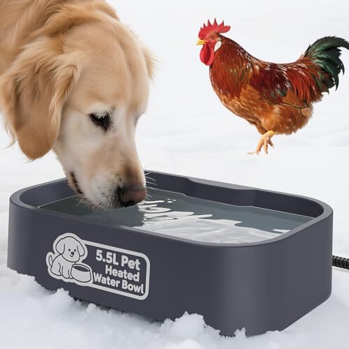 IPOW Beheizter Wassernapf für Haustiere, 5,5 l, extra groß, rechteckig, für den Außenbereich, langlebig, für den Außenbereich, mit Anti-Kauschnur, hält Wasser warm bei 25-35 °C, für Katzen und Hunde von ipow