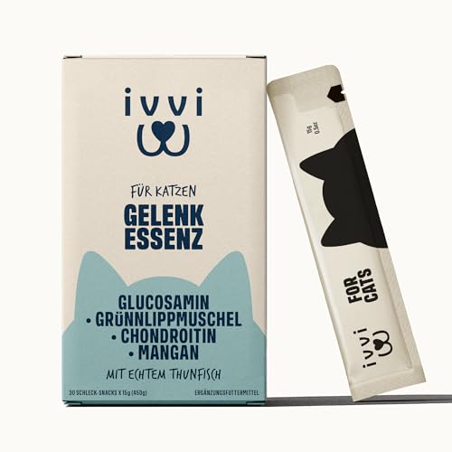 ivvi Gelenk Essenz für Katzen – Schlecksnack mit Glucosamin, Chondroitin, Grünlippmuschel & Lachsöl – zur Unterstützung der Gelenke – 30x15g – mit echtem Thunfisch von ivvi