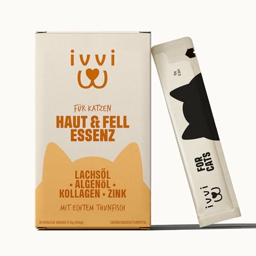 ivvi Haut & Fell Essenz für Katzen – Schlecksnack mit Lachsöl, Algenöl, Zink & Kollagen – unterstützt Haut & Fell – 30x15g – mit echtem Thunfisch ivvi Haut & Fell Essenz für Katzen – Schlecksnack mit Lachsöl, Algenöl, Zink & Kollagen – unterstützt Haut & Fell – 30x15g – mit echtem Thunfisch von ivvi