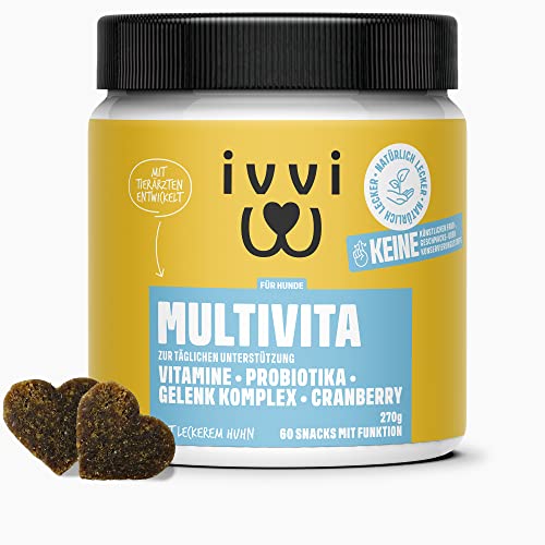 ivvi Multivitamin für Hunde als Leckerli – Rundumversorgung mit Probiotika, B Vitamine, Omega 3, Grünlippmuschel, Cranberry - 60 Snacks (270g) mit Huhn von ivvi