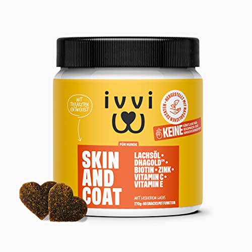 ivvi Skin & Coat Omega 3 für Hunde gegen Juckreiz im Leckerliformat, für gesunde Haut & glänzendes Fell – mit Biotin, DHAgold, Zink, Vitamin C, Lachsöl - 60 leckere Snacks (270g) mit Lachs von ivvi