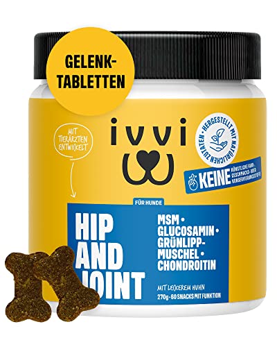 ivvi Hip & Joint - hochkonzentrierte Gelenktabletten für Hunde als Leckerli mit Grünlippmuschel Hund, Glucosamin, Chondroitin & MSM - 60 leckere Snacks (270g) mit Huhn von ivvi