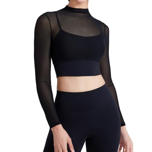 jdstty Damen Langarm Crop Tops Transparentes Netz Doppelt Gefüttert Schmal Geschnittenes T Shirt Lässiges Workout Fitnessstudio Bluse von jdstty
