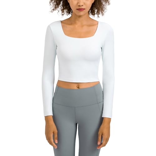 jdstty Langärmliges Schmal Geschnittenes Crop Top Mit Quadratischem Ausschnitt Für Damen Workout Fitnessstudio Doppelt Gefüttertes T Shirt von jdstty