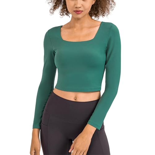 jdstty Langärmliges Schmal Geschnittenes Crop Top Mit Quadratischem Ausschnitt Für Damen Workout Fitnessstudio Doppelt Gefüttertes T Shirt von jdstty